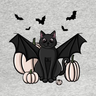 Cute Black Cat in a Bat Costume With White Pumpkins T-Shirt